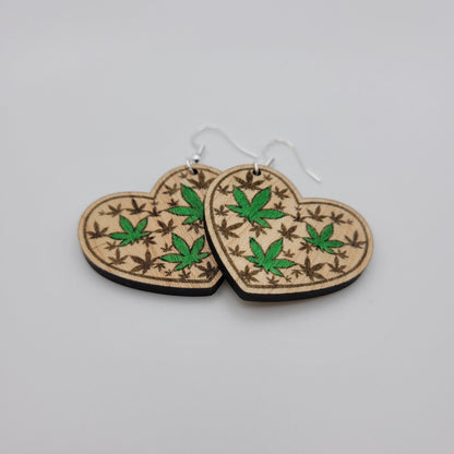 Hand Painted Heart Weed Leaf Wood Dangle Earrings - 4 Arrows Creations