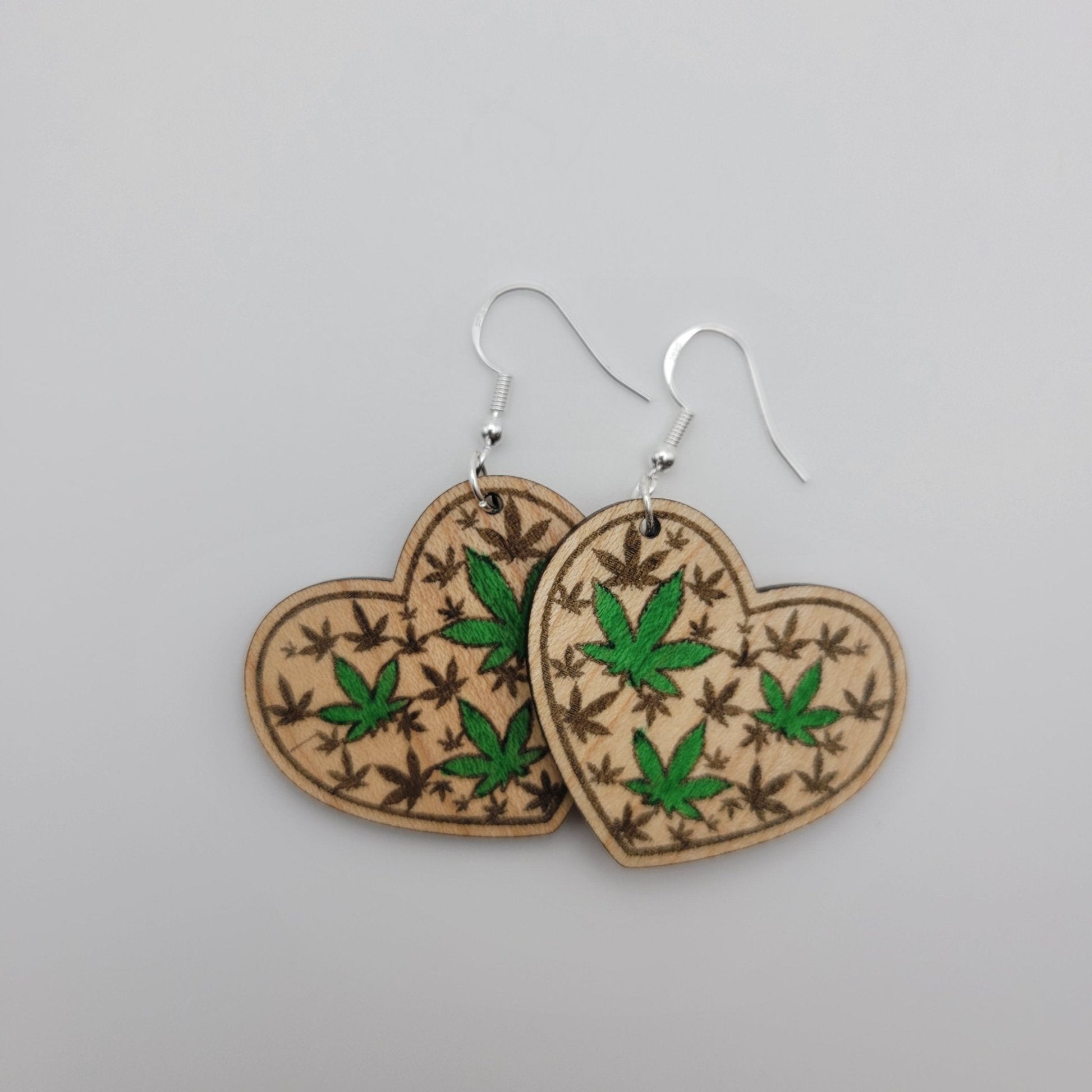 Hand Painted Heart Weed Leaf Wood Dangle Earrings - 4 Arrows Creations